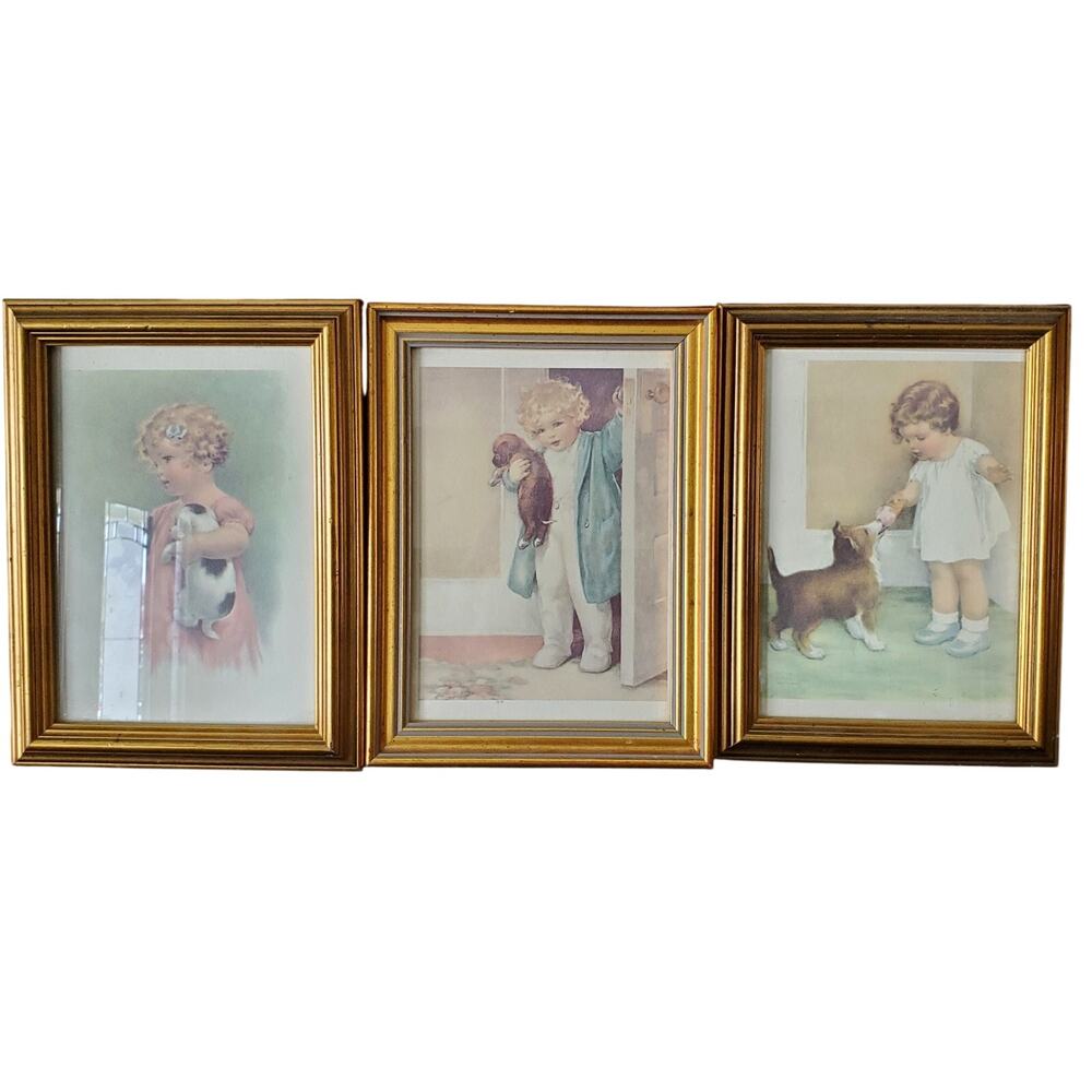Vnt Bessie Pease Gold Framed Art Set 3 In Disgrace, The Reward, Friendly Enemies